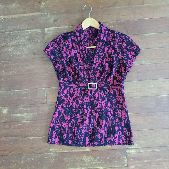 EXPRESS DESIGN STUDIOS Black Pink Faux Wrap Blouse Office Siren Top Y2K Fairy XS - Picture 6 of 12